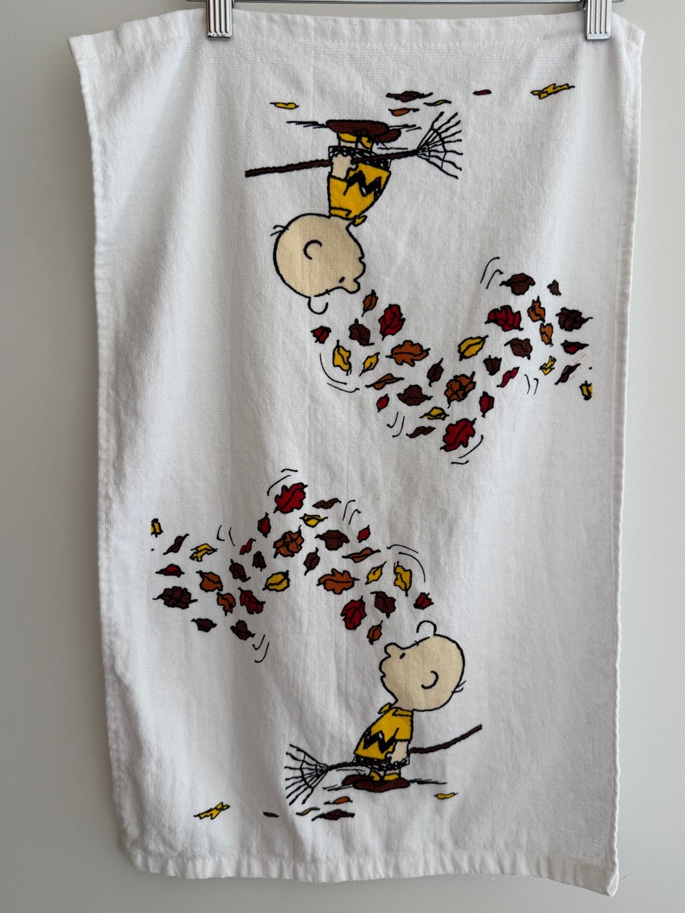 PEANUTS Charlie Brown Fall Theme Kitchen Towel Raking Leaves Thanksgiving
